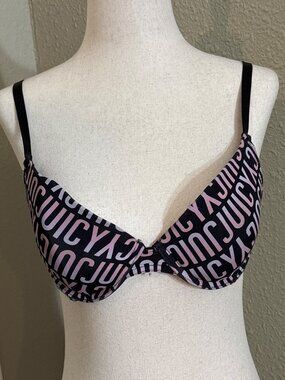Juicy Couture Black & Pink Logo Padded Bra 34B Adjustable Straps Nylon/Spandex